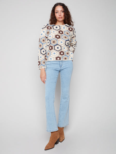 CHARLIE B C4633P CROCHET LONG SLEEVE TOP