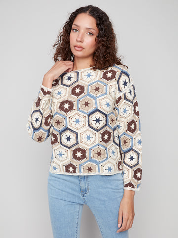 CHARLIE B C4633P CROCHET LONG SLEEVE TOP
