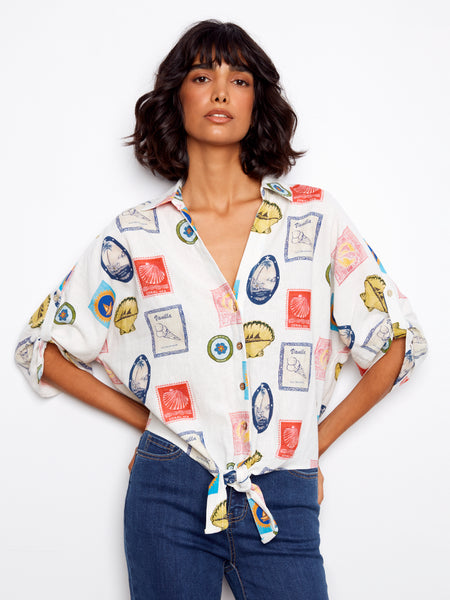 CHARLIE B C4637X PRINTED FRONT TIE BUTTON FRONT BLOUSE WITH RUCHED UP SLEEVES- 2 colours