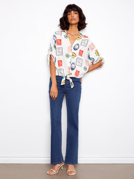 CHARLIE B C4637X PRINTED FRONT TIE BUTTON FRONT BLOUSE WITH RUCHED UP SLEEVES- 2 colours