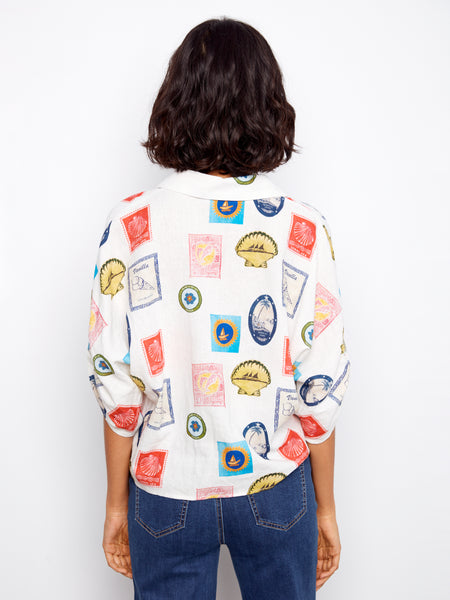CHARLIE B C4637X PRINTED FRONT TIE BUTTON FRONT BLOUSE WITH RUCHED UP SLEEVES- 2 colours