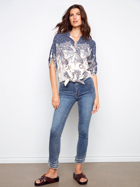 CHARLIE B C4637X PRINTED FRONT TIE BUTTON FRONT BLOUSE WITH RUCHED UP SLEEVES- 2 colours