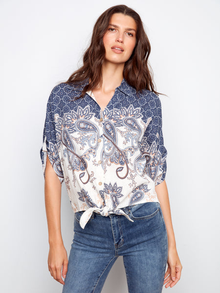 CHARLIE B C4637X PRINTED FRONT TIE BUTTON FRONT BLOUSE WITH RUCHED UP SLEEVES- 2 colours