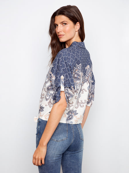 CHARLIE B C4637X PRINTED FRONT TIE BUTTON FRONT BLOUSE WITH RUCHED UP SLEEVES- 2 colours