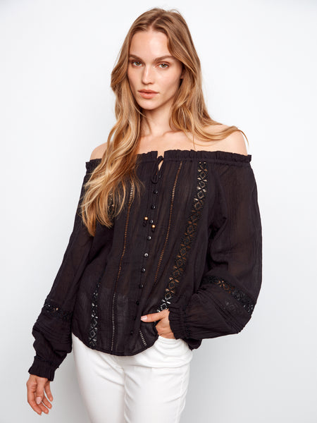 CHARLIE B C4642 COTTON VOILE OFF THE SHOULDER BLOUSE