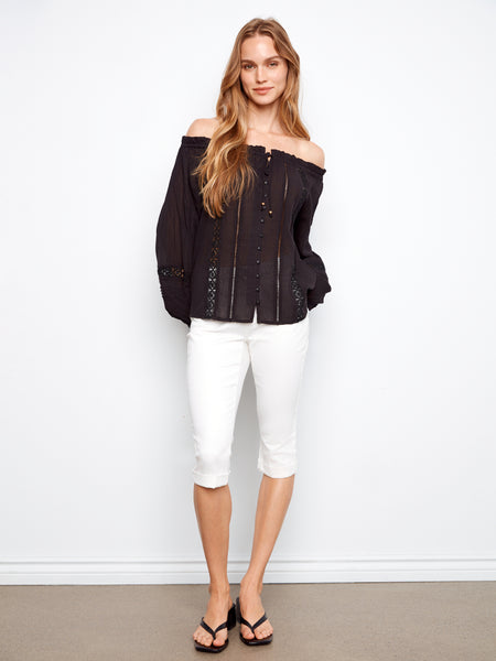 CHARLIE B C4642 COTTON VOILE OFF THE SHOULDER BLOUSE