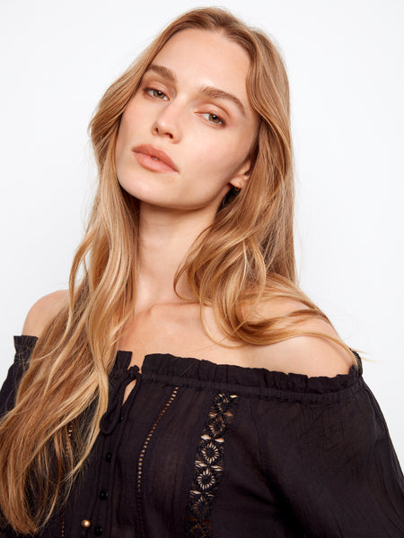 CHARLIE B C4642 COTTON VOILE OFF THE SHOULDER BLOUSE