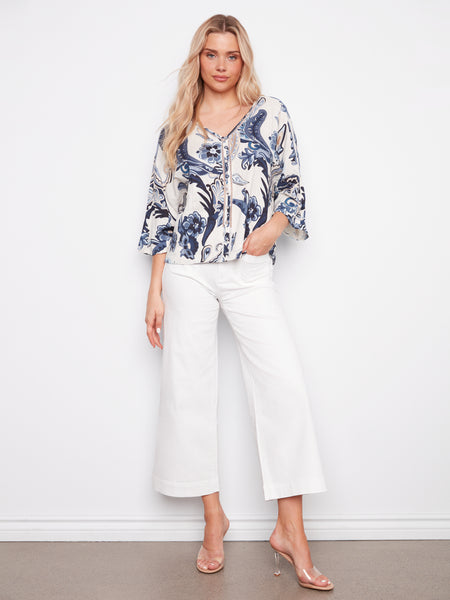 CHARLIE B C4650 PRINTED DOLMAN SLEEVE BLOUSE WITH FRONT BUTTON DETAIL