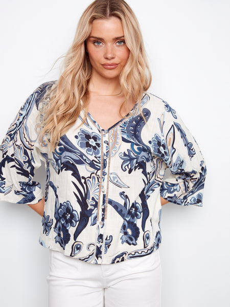 CHARLIE B C4650 PRINTED DOLMAN SLEEVE BLOUSE WITH FRONT BUTTON DETAIL