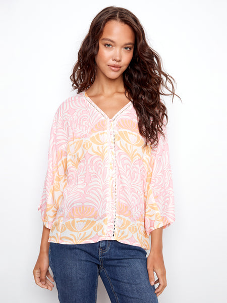 CHARLIE B C4650 PRINTED DOLMAN 3/4 SLEEVE BLOUSE WITH FRINT FAKE BUTTONED PLACKET- 2 COLOURS
