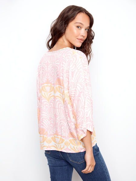 CHARLIE B C4650 PRINTED DOLMAN 3/4 SLEEVE BLOUSE WITH FRINT FAKE BUTTONED PLACKET- 2 COLOURS