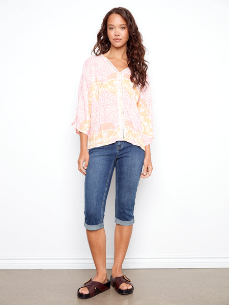 CHARLIE B C4650 PRINTED DOLMAN 3/4 SLEEVE BLOUSE WITH FRINT FAKE BUTTONED PLACKET- 2 COLOURS