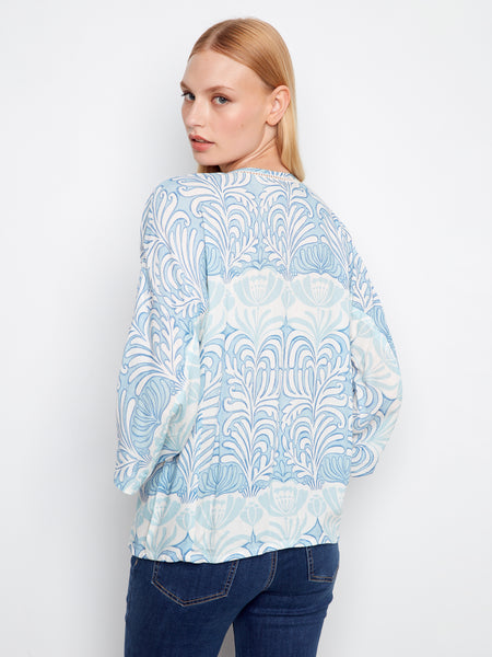 CHARLIE B C4650 PRINTED DOLMAN 3/4 SLEEVE BLOUSE WITH FRINT FAKE BUTTONED PLACKET- 2 COLOURS