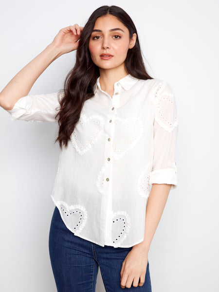 CHARLIE B C4652E TEXTURED FABRIC LONG ROLL UP SLEEVE BUTTON DOWN BLOUSE