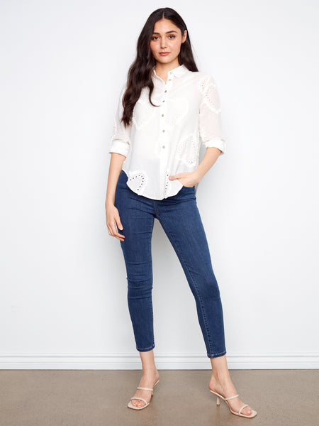 CHARLIE B C4652E TEXTURED FABRIC LONG ROLL UP SLEEVE BUTTON DOWN BLOUSE