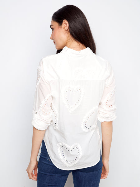 CHARLIE B C4652E TEXTURED FABRIC LONG ROLL UP SLEEVE BUTTON DOWN BLOUSE