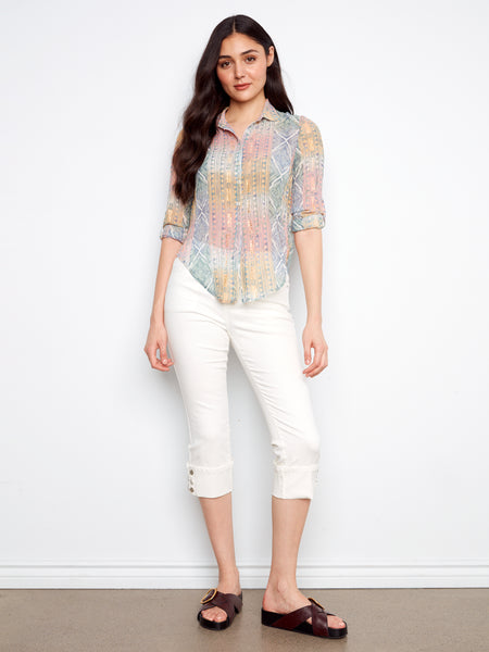 CHARLIE B C4652F FOILED PRINTED CRINKLE BLOUSE