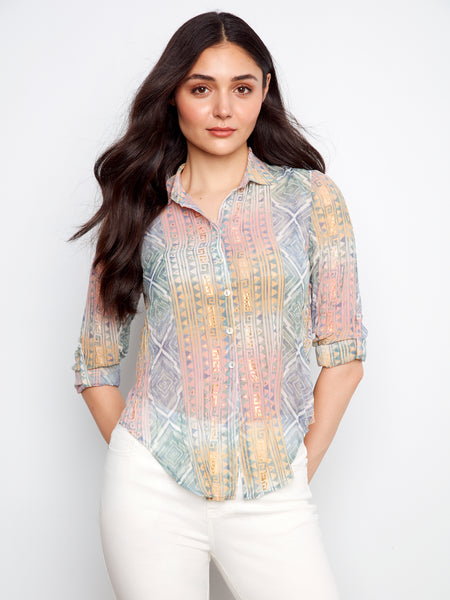 CHARLIE B C4652F FOILED PRINTED CRINKLE BLOUSE