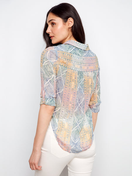 CHARLIE B C4652F FOILED PRINTED CRINKLE BLOUSE