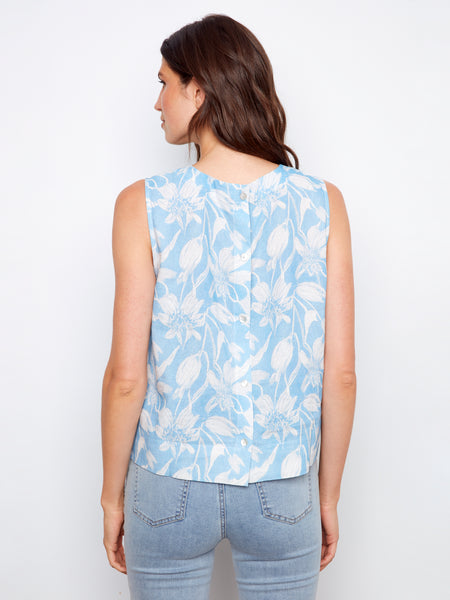 CHARLIE B C4653 PRINTED SLEEVELESS BLOUSE WITH BACK BUTTON DETAIL- 2 COLOURS