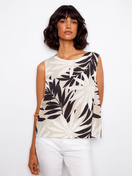 CHARLIE B C4653 PRINTED SLEEVELESS BLOUSE WITH BACK BUTTON DETAIL- 2 COLOURS