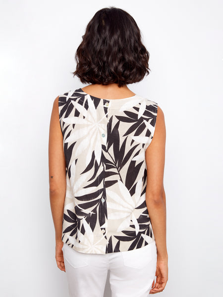 CHARLIE B C4653 PRINTED SLEEVELESS BLOUSE WITH BACK BUTTON DETAIL- 2 COLOURS