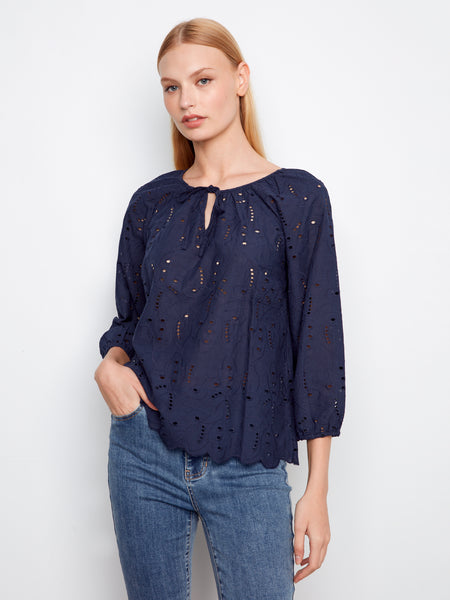 CHARLIE B C4661 3/4 SLEEVE RAGLAN SLEEVE BLOUSE WITH TIES AT NOTCH NECKLINE- 2 COLOURS