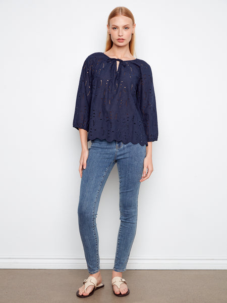 CHARLIE B C4661 3/4 SLEEVE RAGLAN SLEEVE BLOUSE WITH TIES AT NOTCH NECKLINE- 2 COLOURS