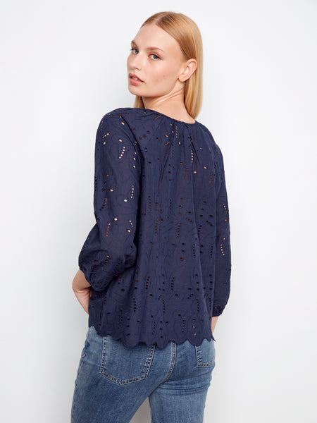 CHARLIE B C4661 3/4 SLEEVE RAGLAN SLEEVE BLOUSE WITH TIES AT NOTCH NECKLINE- 2 COLOURS