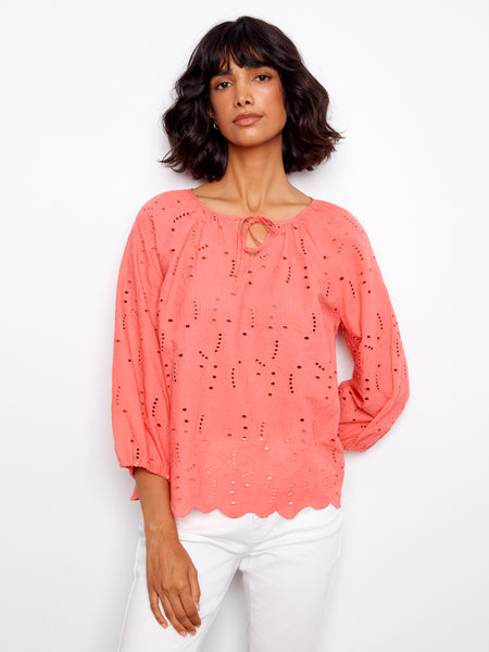 CHARLIE B C4661 3/4 SLEEVE RAGLAN SLEEVE BLOUSE WITH TIES AT NOTCH NECKLINE- 2 COLOURS