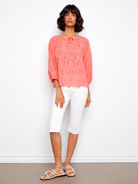 CHARLIE B C4661 3/4 SLEEVE RAGLAN SLEEVE BLOUSE WITH TIES AT NOTCH NECKLINE- 2 COLOURS
