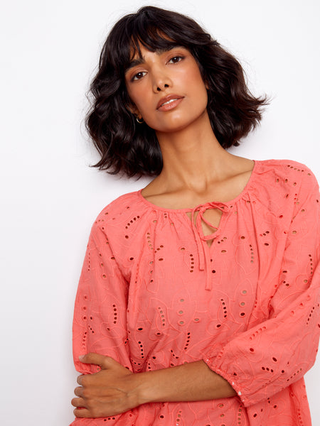 CHARLIE B C4661 3/4 SLEEVE RAGLAN SLEEVE BLOUSE WITH TIES AT NOTCH NECKLINE- 2 COLOURS