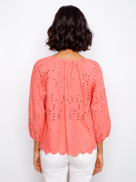 CHARLIE B C4661 3/4 SLEEVE RAGLAN SLEEVE BLOUSE WITH TIES AT NOTCH NECKLINE- 2 COLOURS
