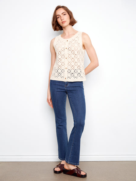 CHARLIE B C4665 CROCHET BUTTON UP SLEEVELESS VEST- 2 COLOURS