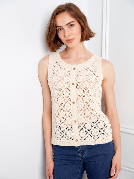 CHARLIE B C4665 CROCHET BUTTON UP SLEEVELESS VEST- 2 COLOURS
