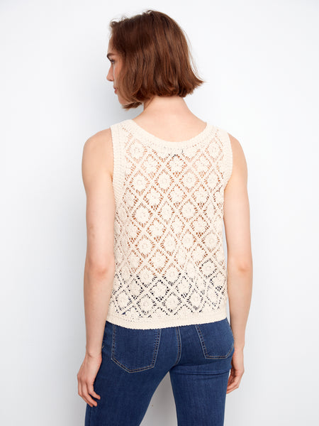 CHARLIE B C4665 CROCHET BUTTON UP SLEEVELESS VEST- 2 COLOURS