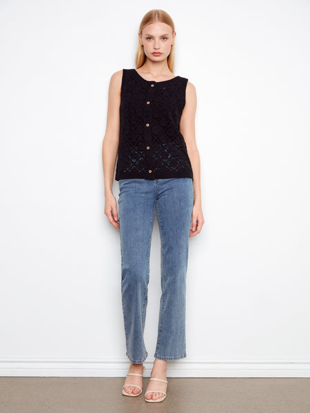 CHARLIE B C4665 CROCHET BUTTON UP SLEEVELESS VEST- 2 COLOURS