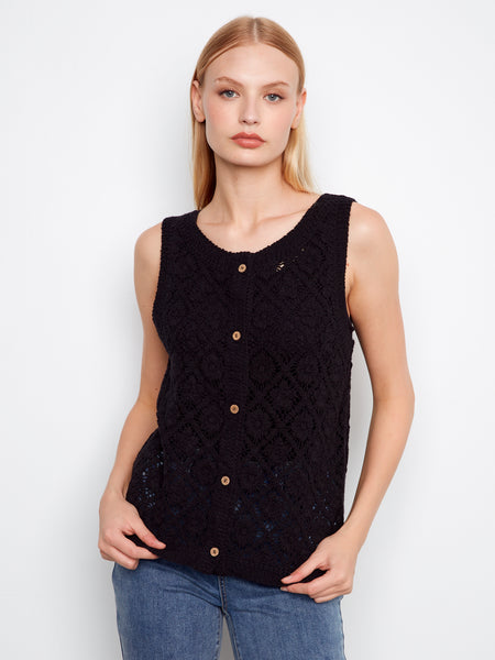 CHARLIE B C4665 CROCHET BUTTON UP SLEEVELESS VEST- 2 COLOURS