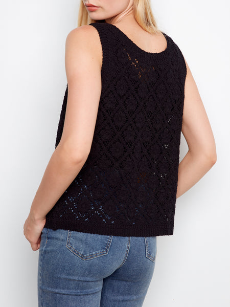 CHARLIE B C4665 CROCHET BUTTON UP SLEEVELESS VEST- 2 COLOURS