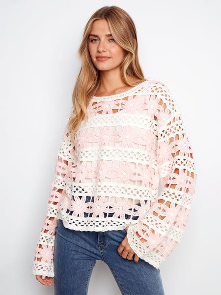 CHARLIE B C4674E 3/4 SLEEVE CROCHET TOP