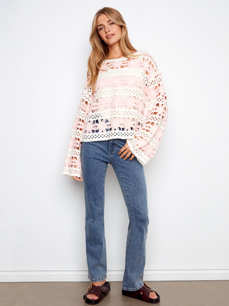 CHARLIE B C4674E 3/4 SLEEVE CROCHET TOP
