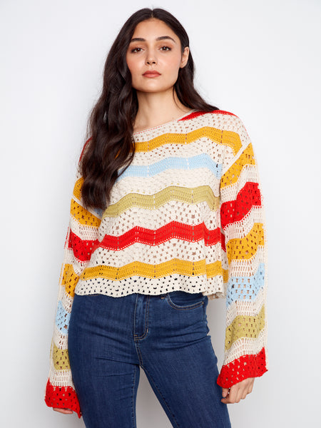 CHARLIE B C4674 3/4 SLEEVE CROCHET TOP