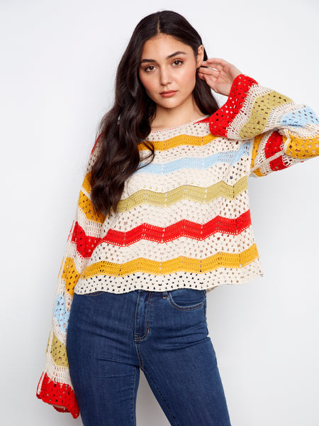 CHARLIE B C4674 3/4 SLEEVE CROCHET TOP