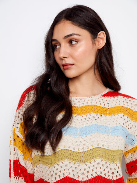 CHARLIE B C4674 3/4 SLEEVE CROCHET TOP