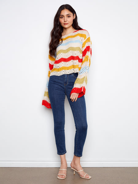 CHARLIE B C4674 3/4 SLEEVE CROCHET TOP