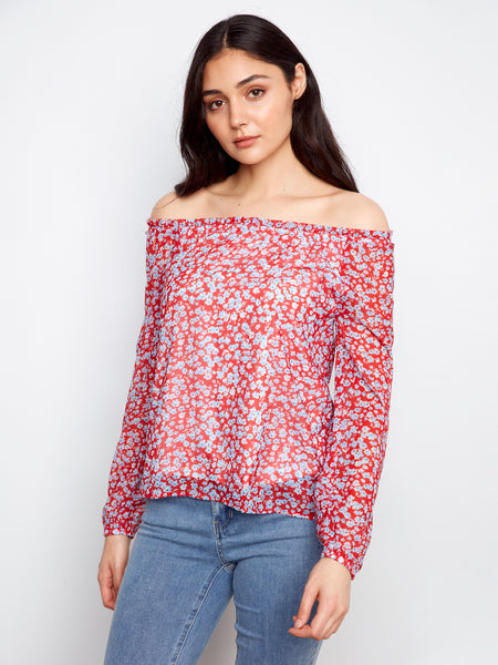 CHARLIE B C4682PP PRINTED LONG RAGLAN BALLOON SLEEVE OFF SHOULDER BLOUSE