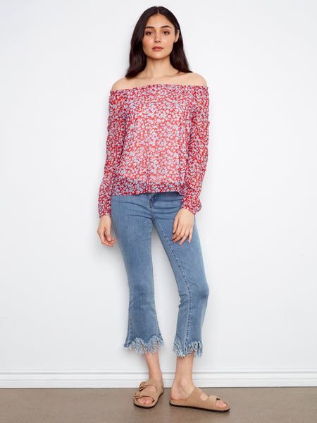 CHARLIE B C4682PP PRINTED LONG RAGLAN BALLOON SLEEVE OFF SHOULDER BLOUSE