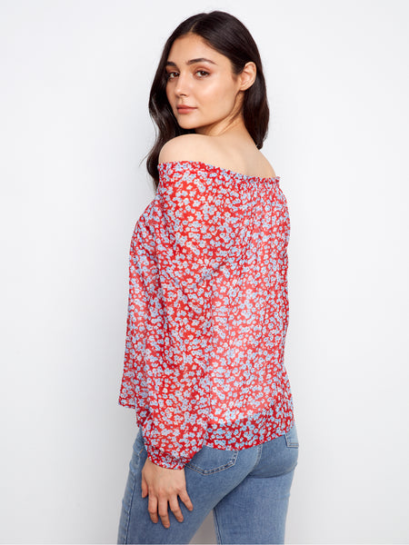 CHARLIE B C4682PP PRINTED LONG RAGLAN BALLOON SLEEVE OFF SHOULDER BLOUSE