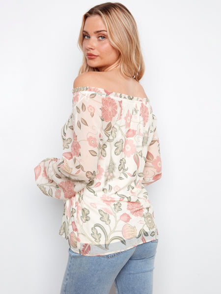 CHARLIE B C4682P PRINTED LONG RAGLAN BALLOON SLEEVE OFF SHOULDER BLOUSE