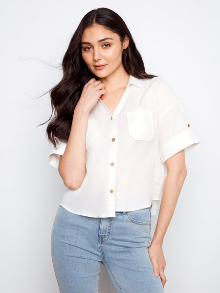 CHARLIE B C4688 SHORT SLEEVE BUTTON FRONT LINEN BLOUSE WITH PATCH POCKETS- 3 COLOURS